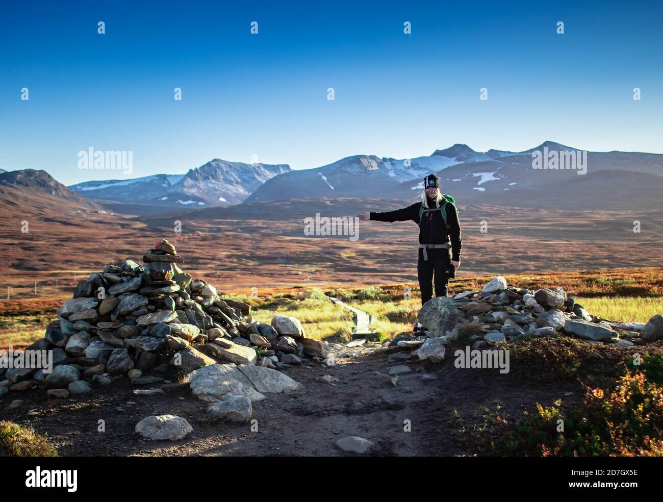 Me and a friend hiking the swedish mountains in jämtland with our dogs Stock Photo