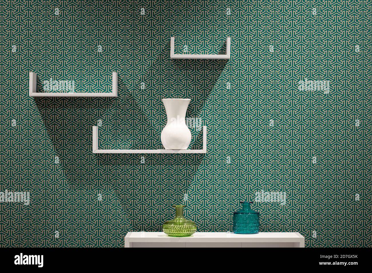 Beautiful modern three white shelves on an abstract wall, with