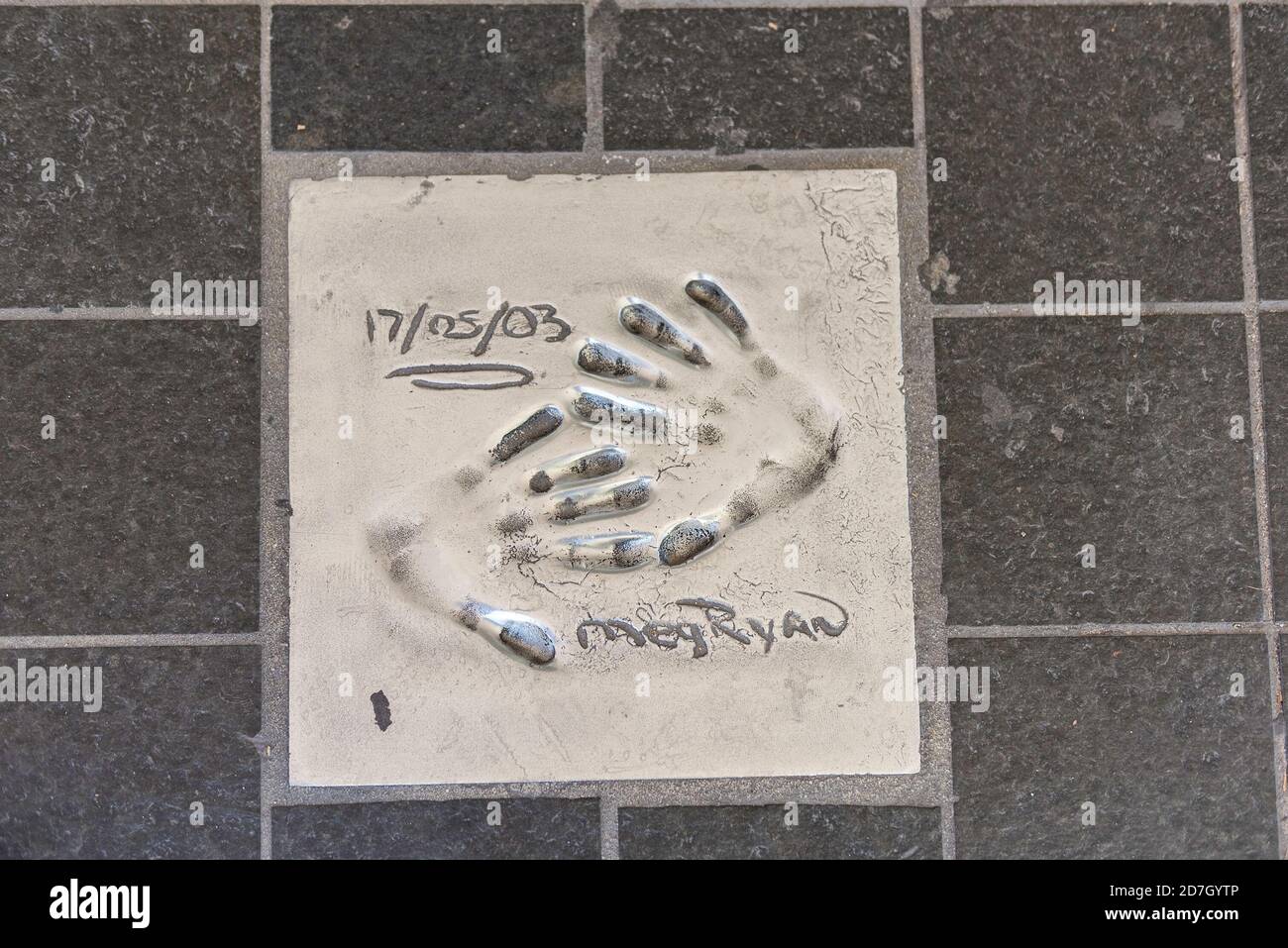 CANNES, FRANCE - AUGUST 15: The imprint of the hands of the famous actress Meg Ryan on the sidewalk in front of the Palais des Festivals et des Congre Stock Photo