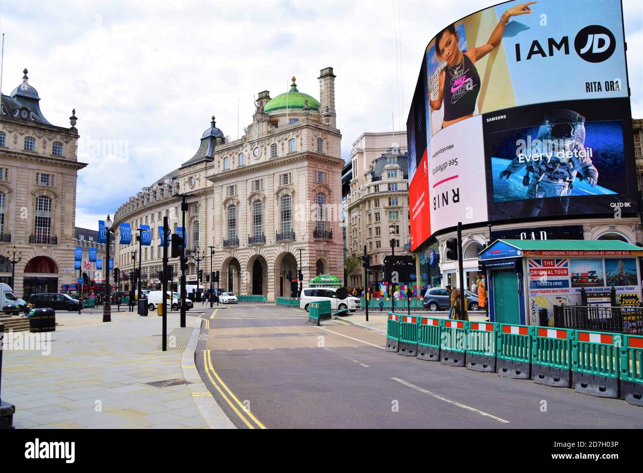 Piccadilly Circus with pedestrian social distancing barriers, London, UK Stock Photo