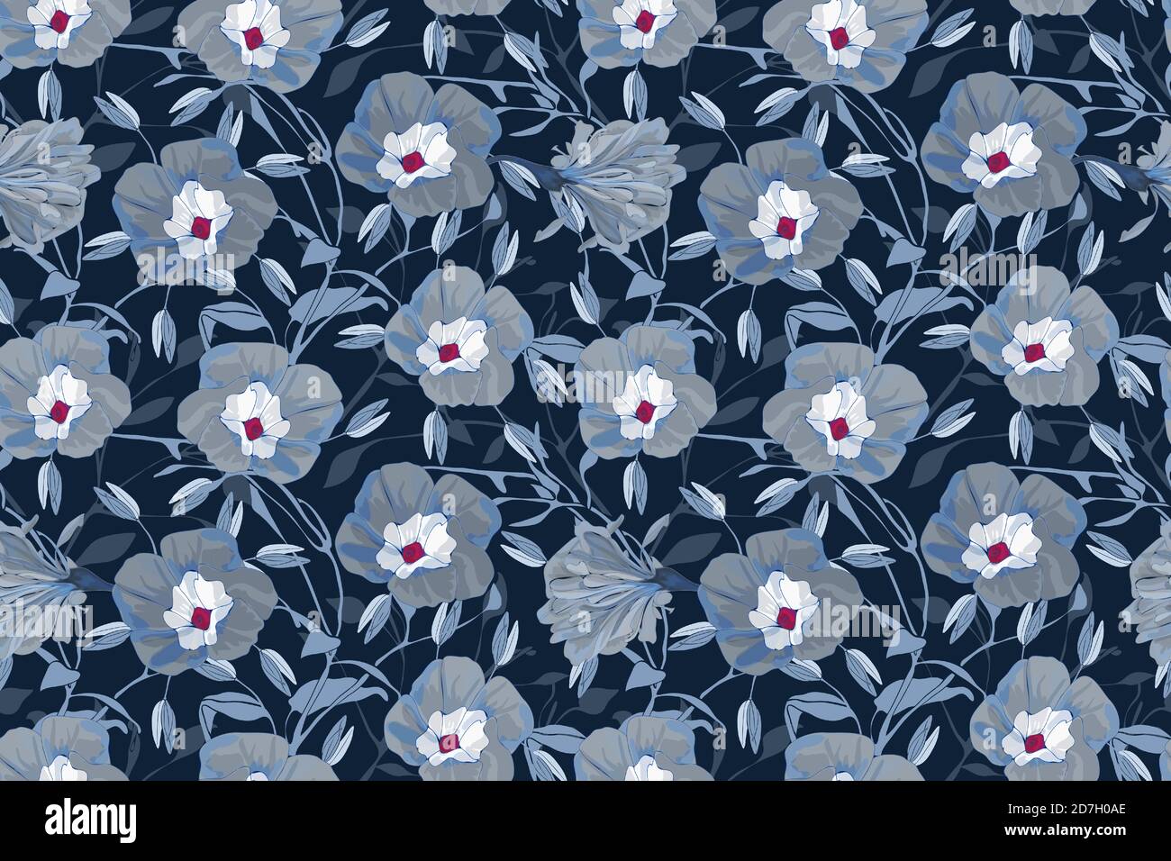 Floral vector seamless pattern. Grey, blue morning glory flowers. Stock Vector