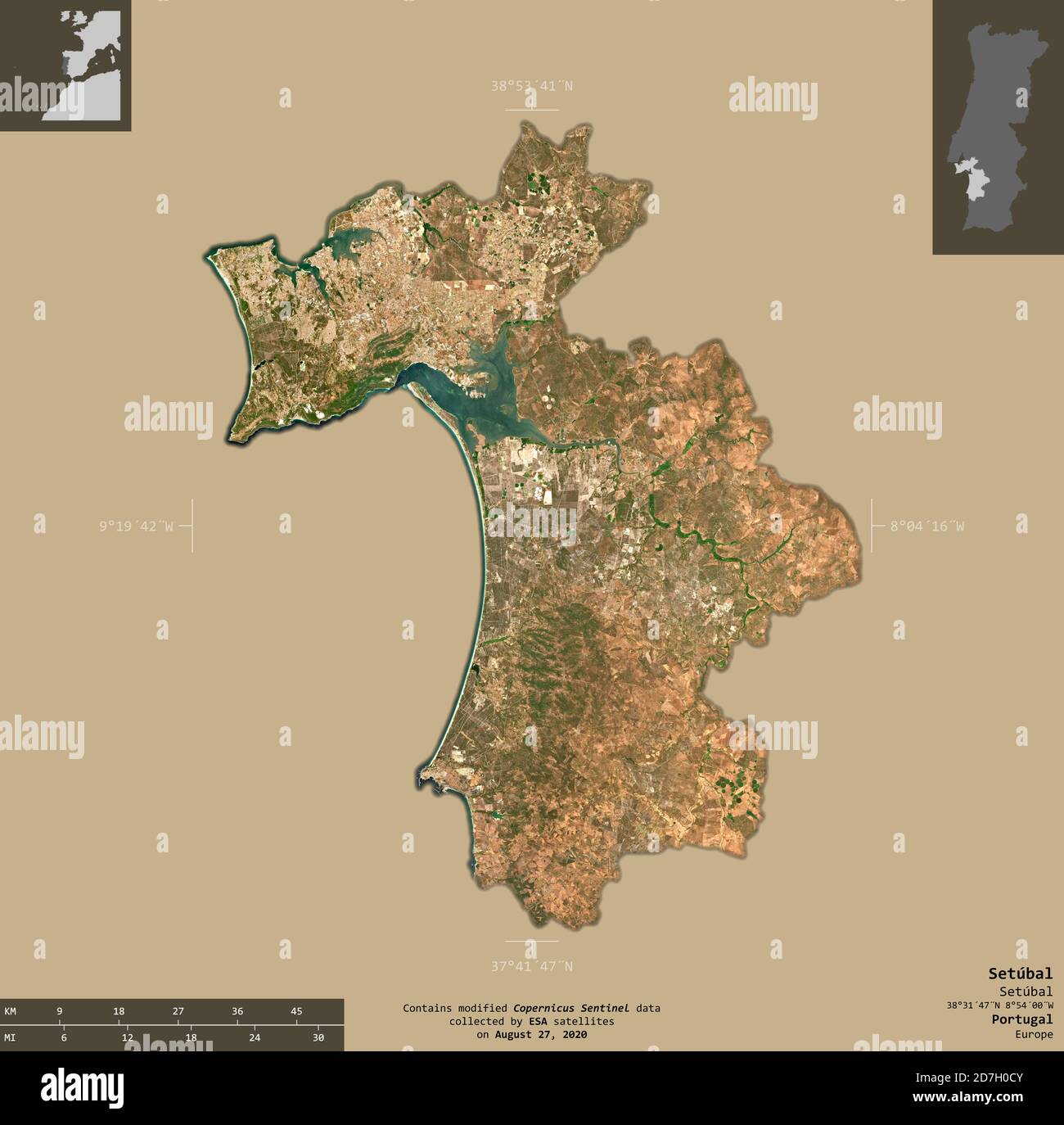 Setubal, district of Portugal. Sentinel-2 satellite imagery. Shape isolated on solid background with informative overlays. Contains modified Copernicu Stock Photo