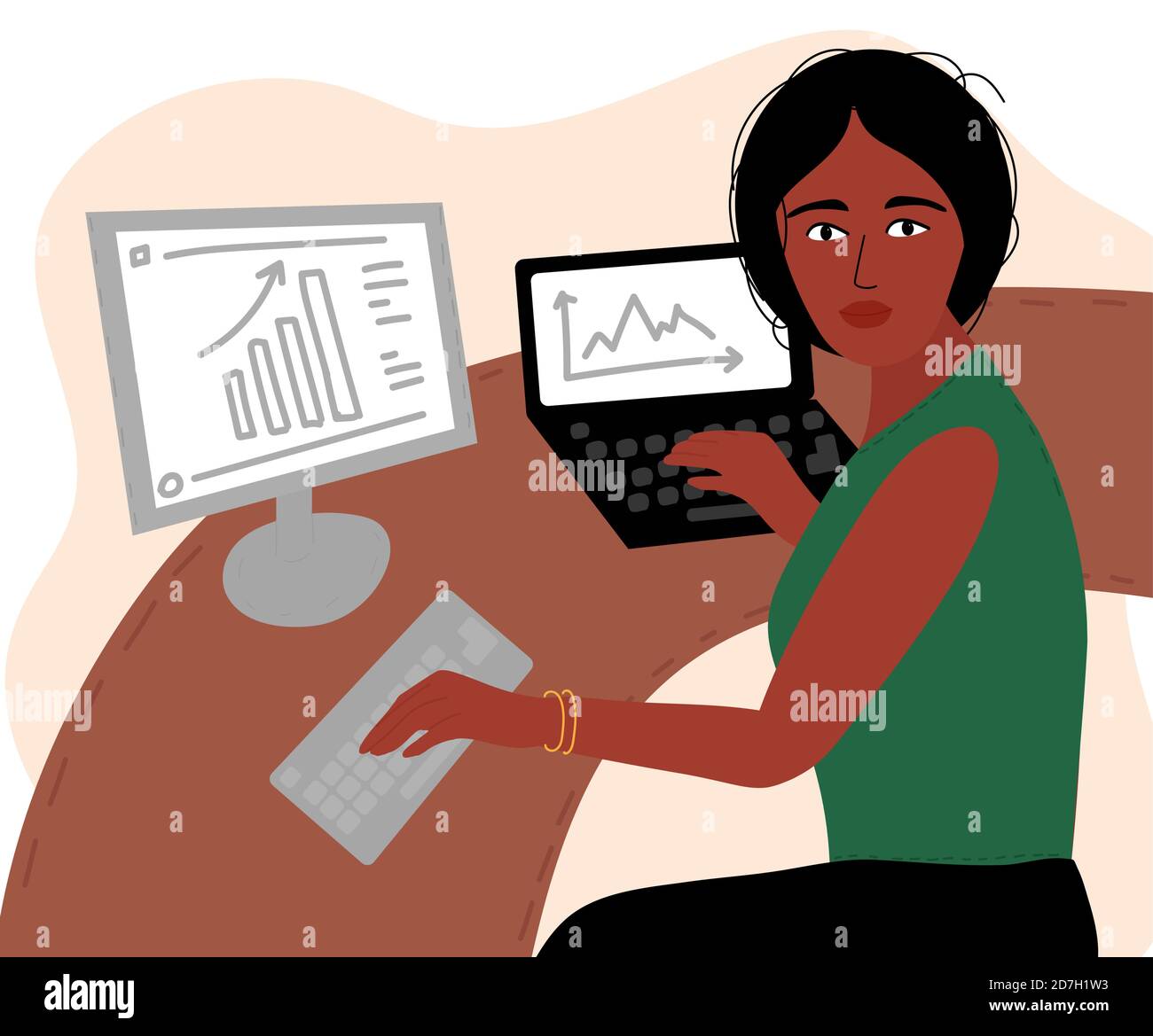Black african young woman working at desk with laptop and computer. Office employee at the workplace. Vector illustration cartoon Stock Vector