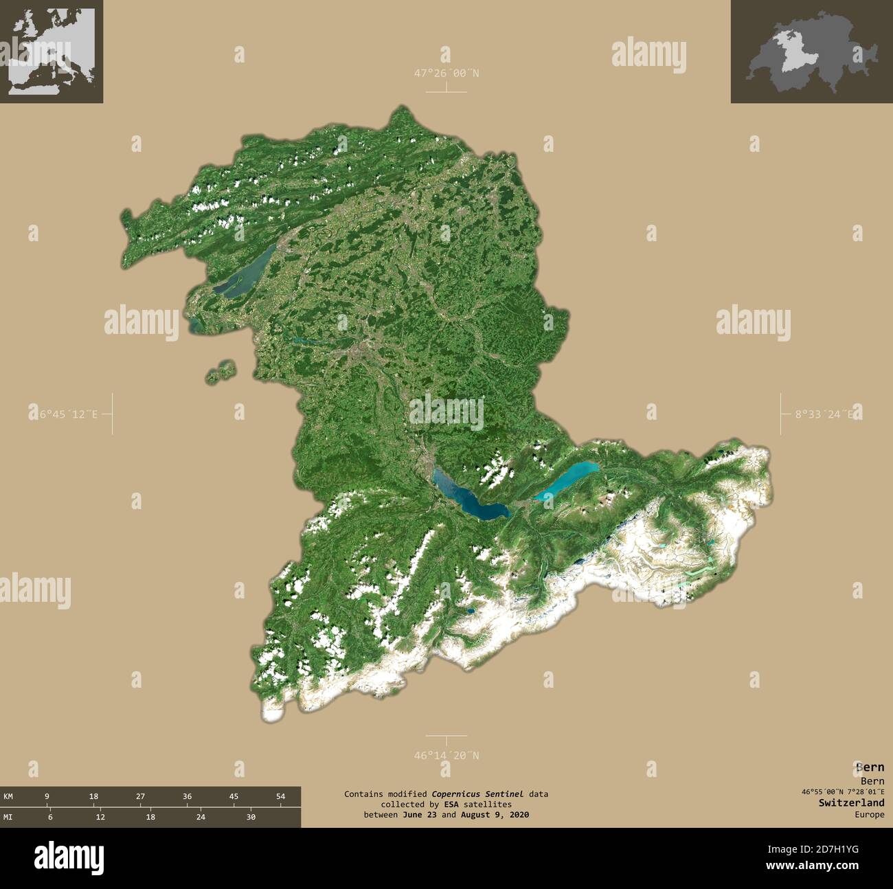 Bern, canton of Switzerland. Sentinel-2 satellite imagery. Shape ...