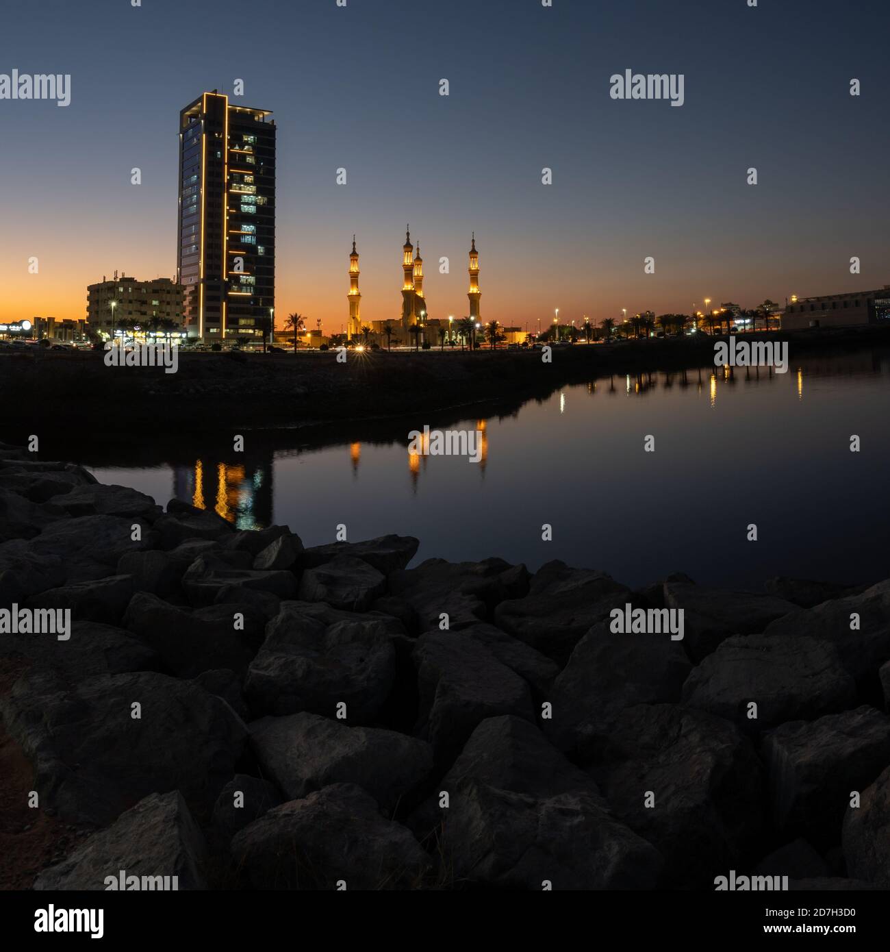 Square crop of Night in Ras al Khaimah, United Arab Emirates looking at ...