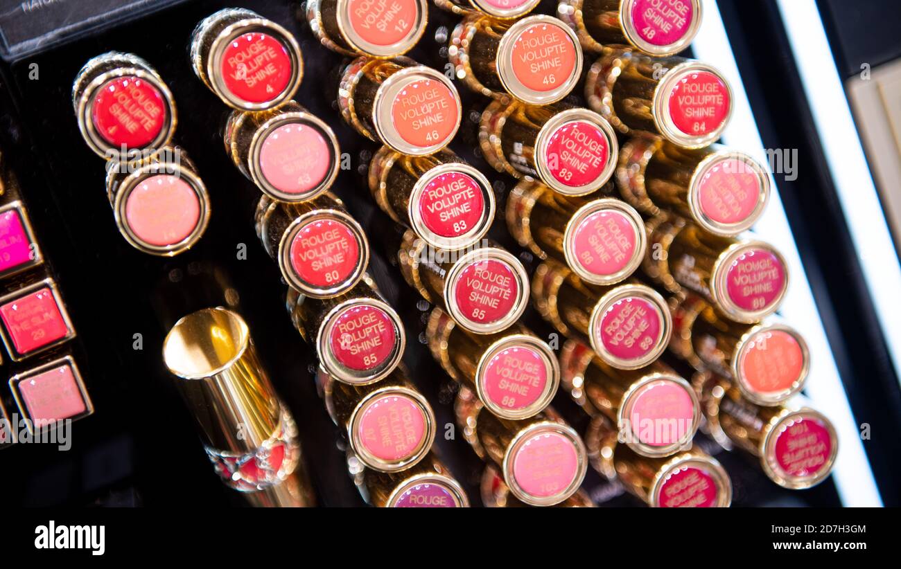 Hamburg, Germany. 22nd Oct, 2020. Lipsticks from the Yves Saint Laurent  brand, shot in a Douglas store on Jungfernstieg. Credit: Daniel  Reinhardt/dpa/Alamy Live News Stock Photo - Alamy