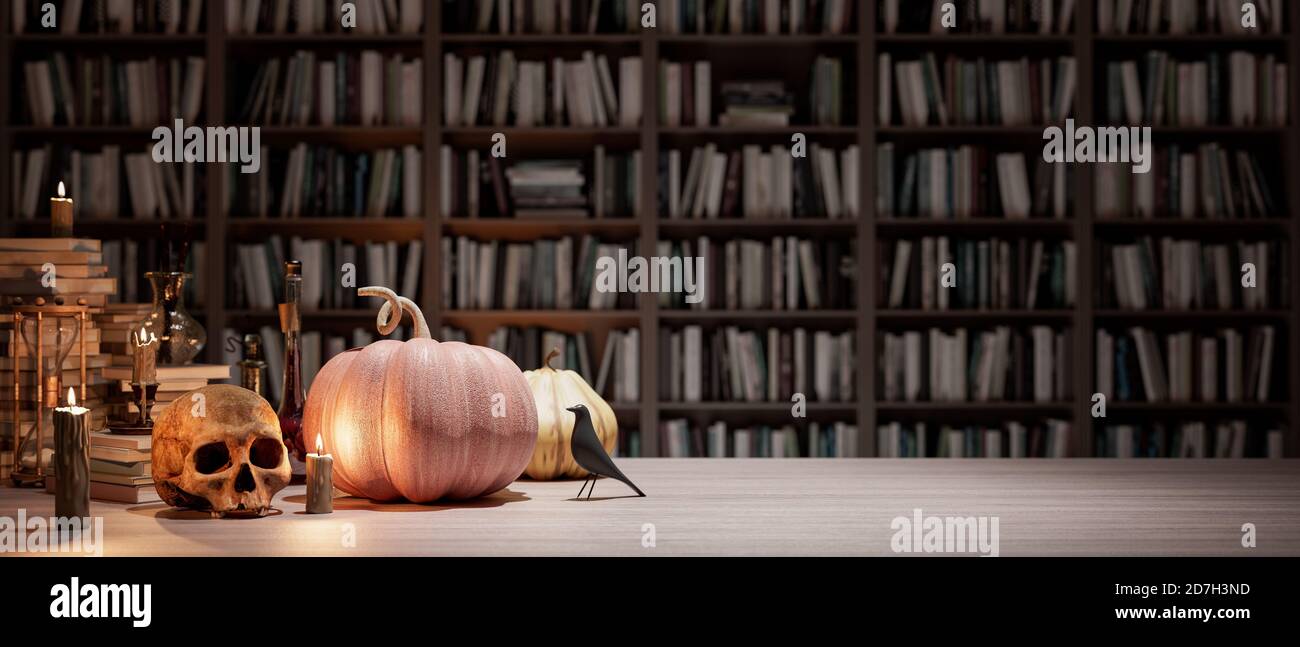 the wizard's room with library, old books, pumpkins, potion, and scary things 3d render 3d illustration Stock Photo