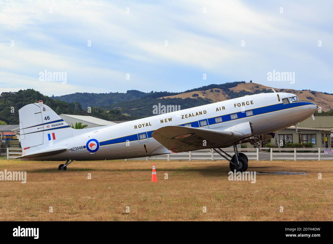 A 1940s Douglas DC-3 airplane painted in Royal New Zealand Air Force colors. Whitianga, New Zealand, February 4 2020 Stock Photo