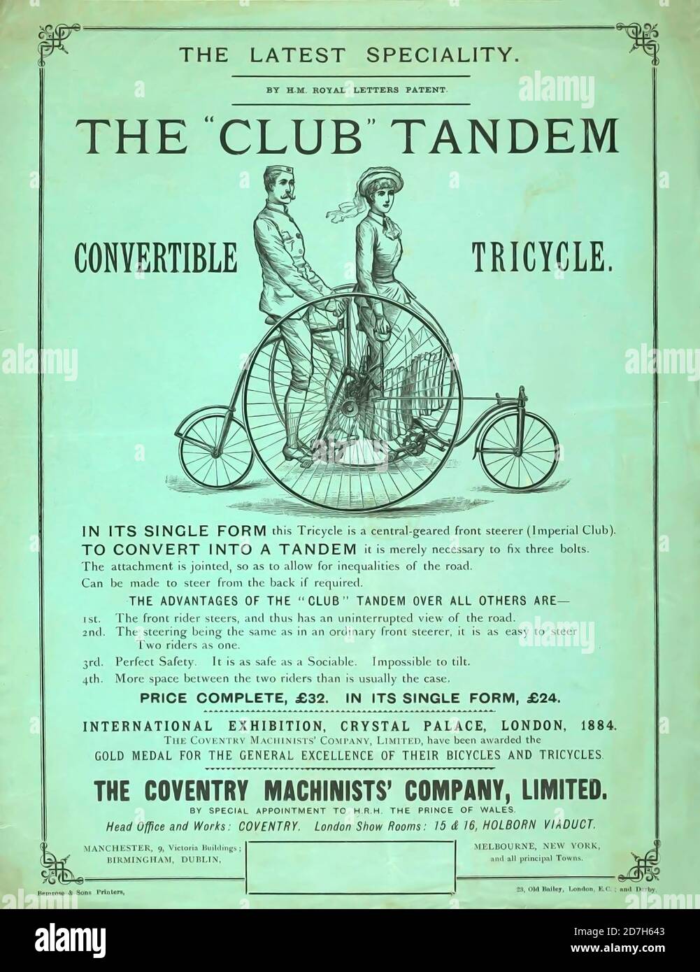Club Convertible Tandem tricycle advertisement. Man and woman ride a Club Convertible Tandem Converted from a tricycle to be used be two people. Londo Stock Photo