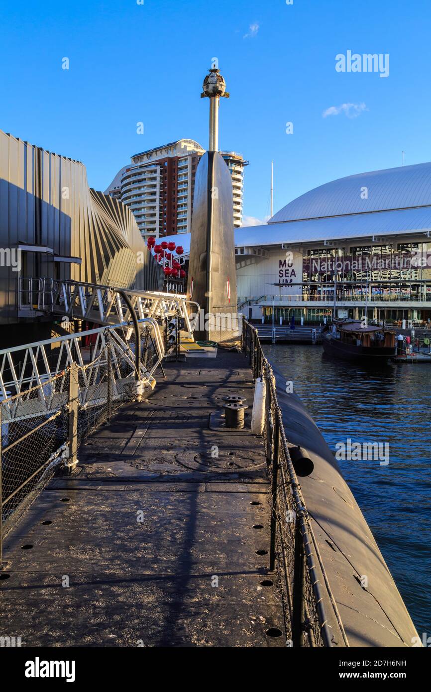 The deck and fin of the Royal Australian Navy submarine HMAS Onslow, now a museum ship in Darling Harbour Stock Photo