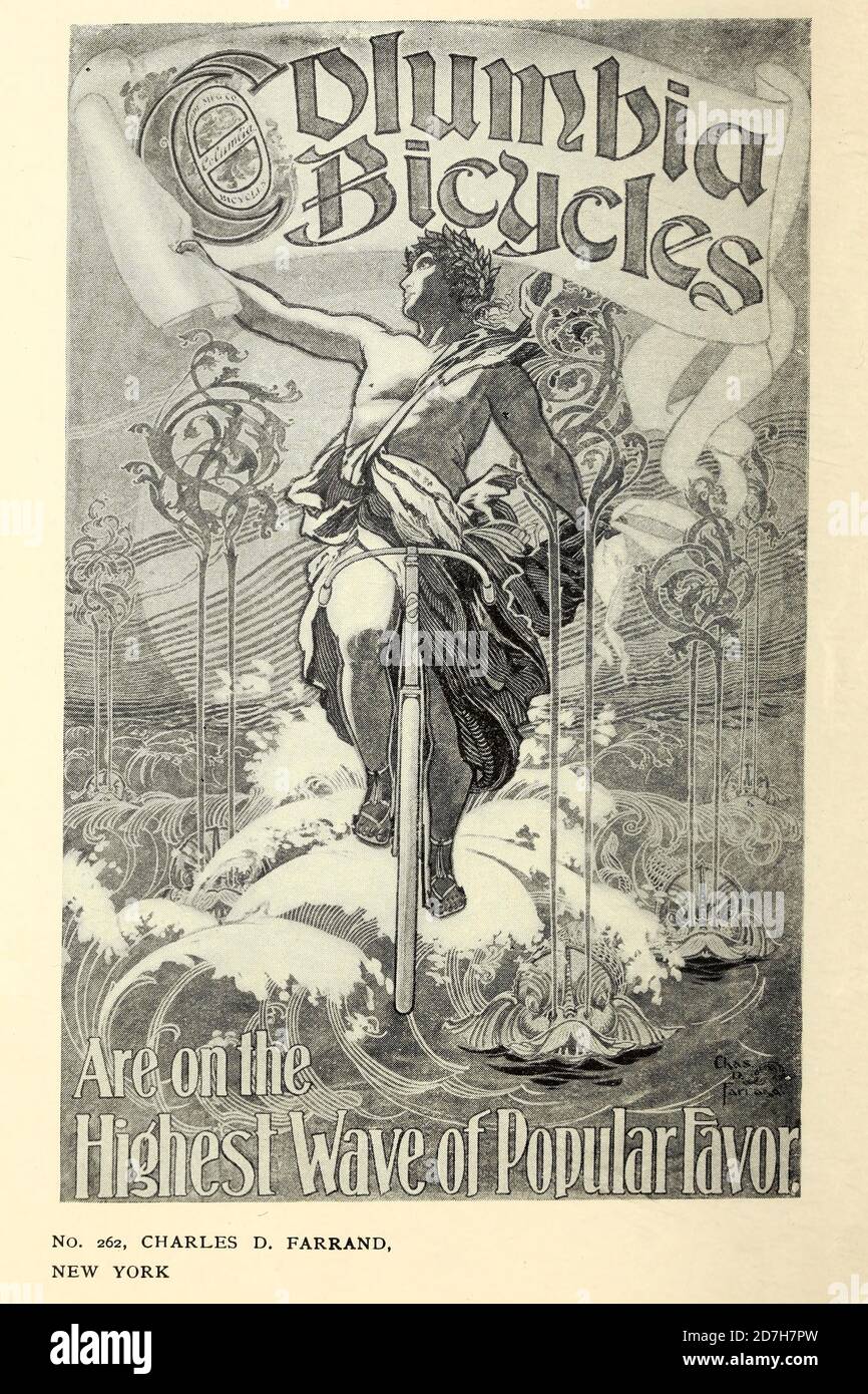 Exhibition of Columbia bicycle art poster designs by Pope Manufacturing Company, Boston in 1896. These posters were entered into a competition held by Stock Photo
