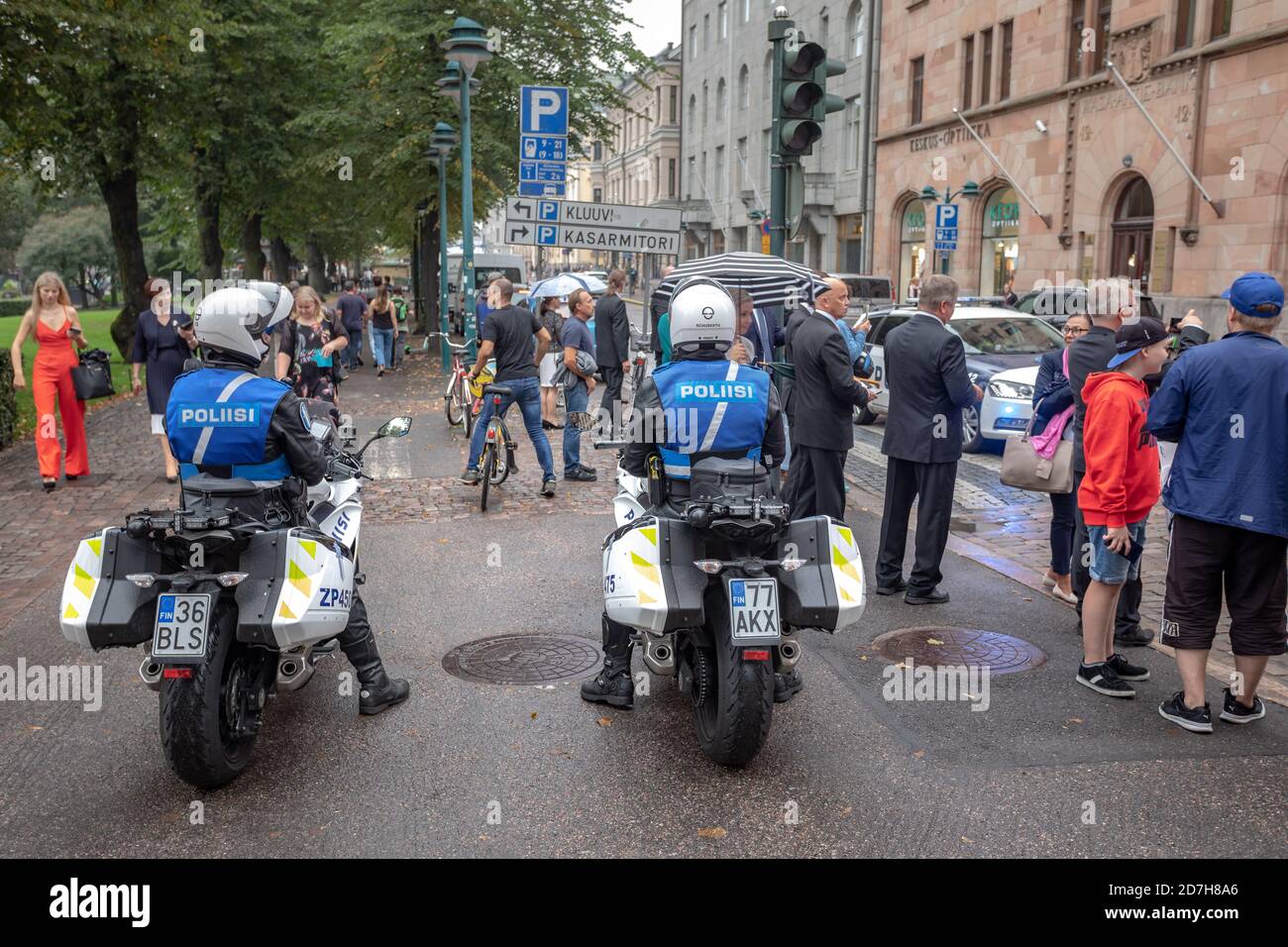 Two police officer from behind on police motorcycle in Helsinki, Finland Stock Photo