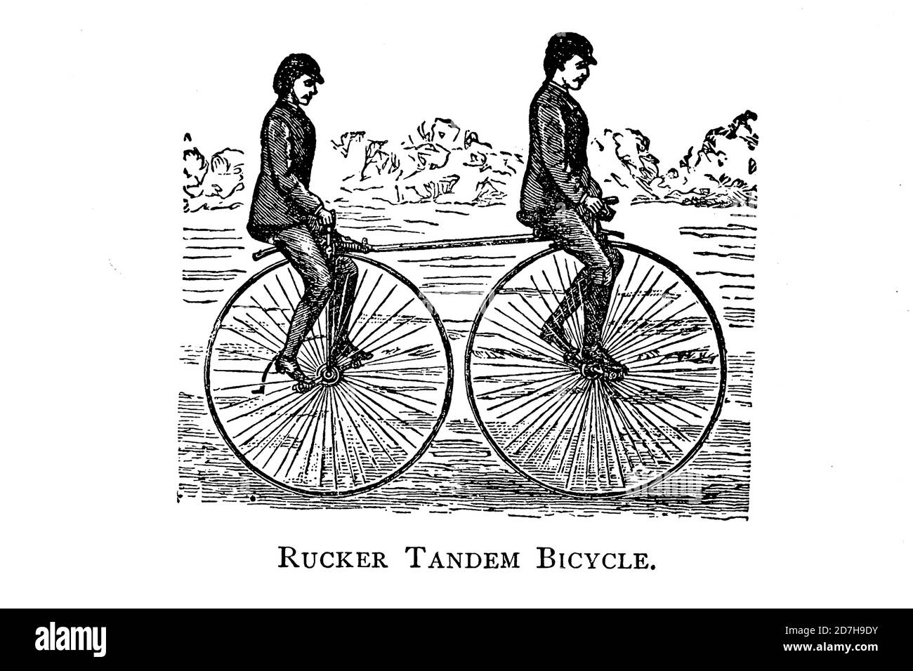 Two men ride a Rucker Tandem bicycle From Wheels and Wheeling; An indispensable handbook for cyclists, with over two hundred illustrations by Porter, Stock Photo
