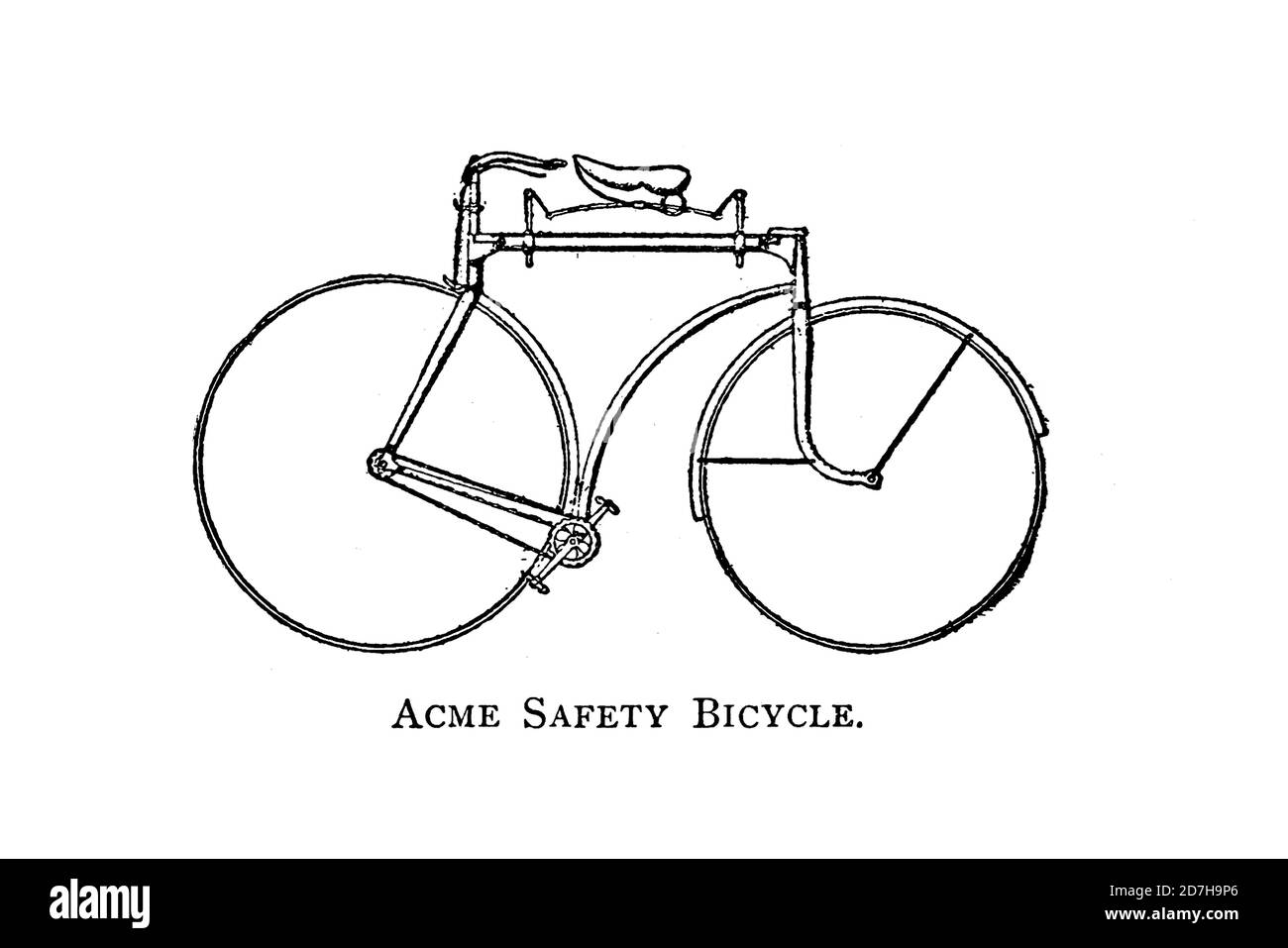 Acme Safety Bicycle with a chain powering the front wheel and steering by the rear wheel Manufactured by Acme Machine Company From Wheels and Wheeling Stock Photo
