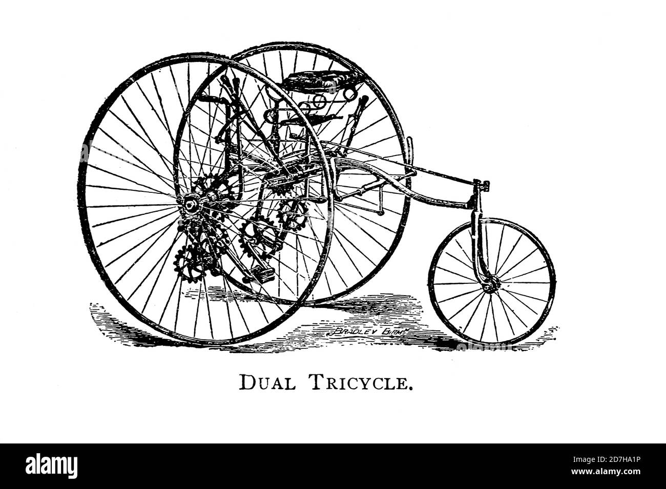 Dual Tricycle with two large front wheels From Wheels and Wheeling; An indispensable handbook for cyclists, with over two hundred illustrations by Por Stock Photo