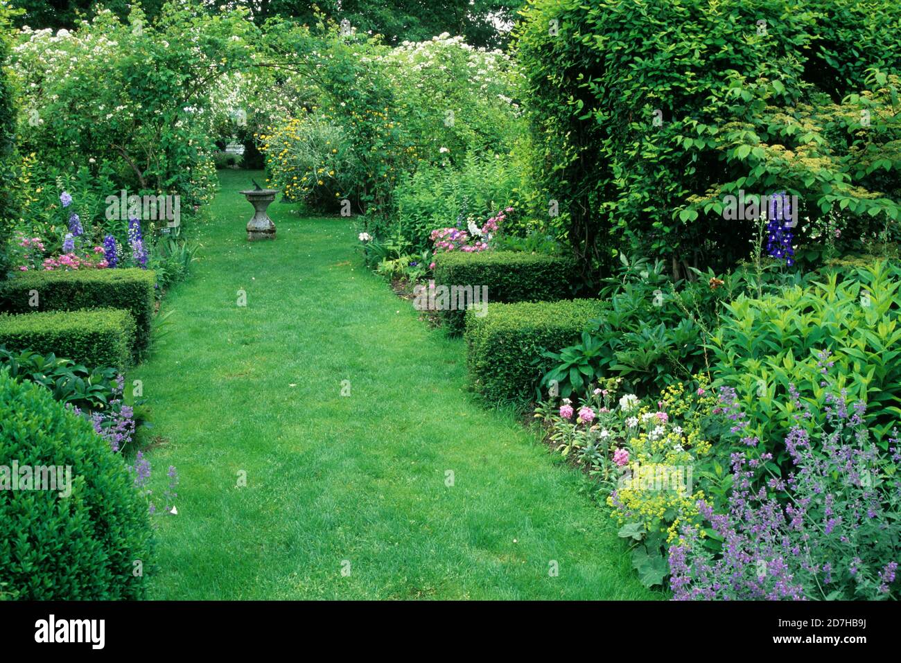 Lawn path, Flower beds, Arbor and Sundial, Château de Villiers, Cher, France (AE Stock Photo Alamy