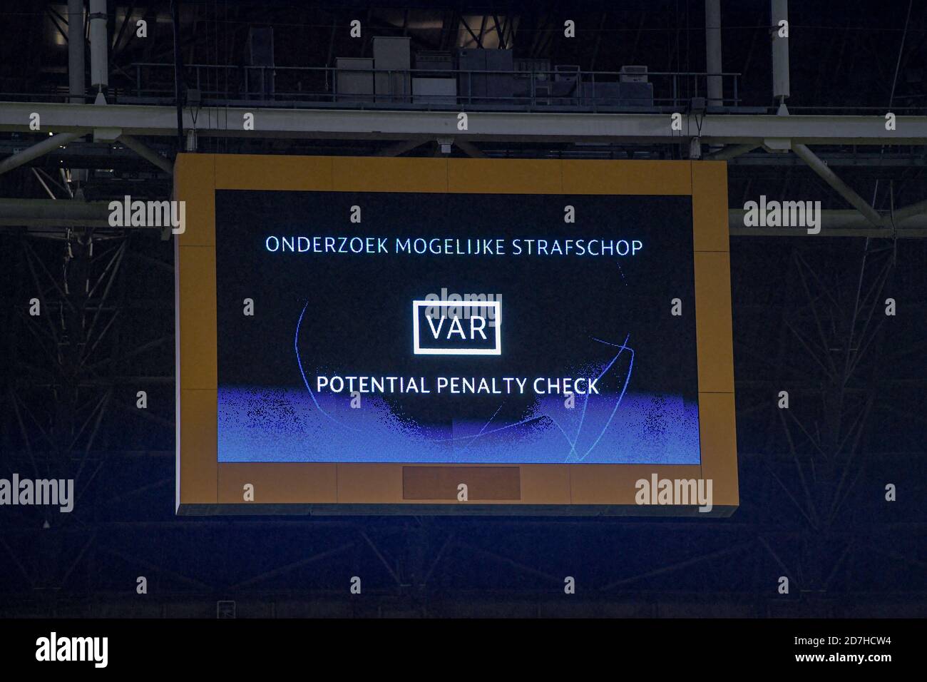AMSTERDAM, NETHERLANDS - OCTOBER 21: Information board / sign VAR Potential Penalty Check, Onderzoek mogelijk strafschop, Video Asisstant Referee during the UEFA Champions League match between and at the Johan