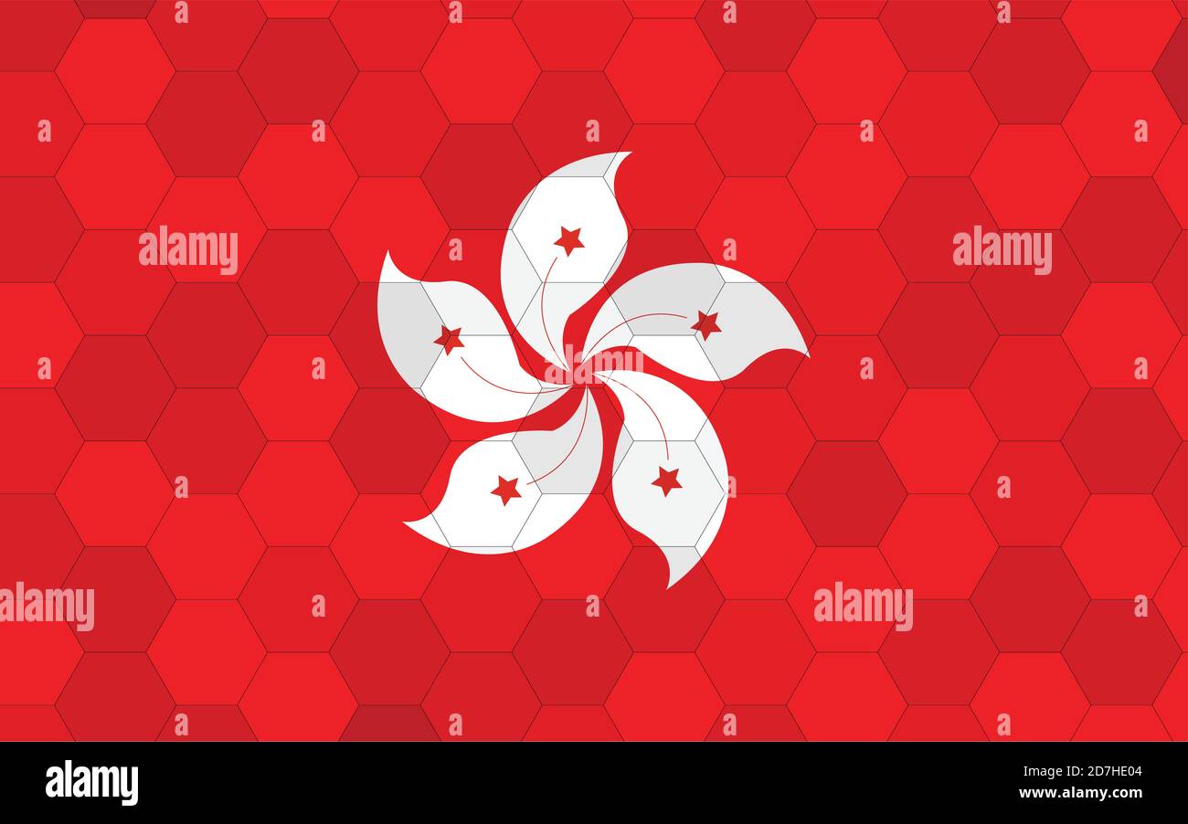 Hong Kong flag illustration. Futuristic Hongkonger flag graphic with abstract hexagon background vector. Hong Kong national flag symbolizes independen Stock Vector