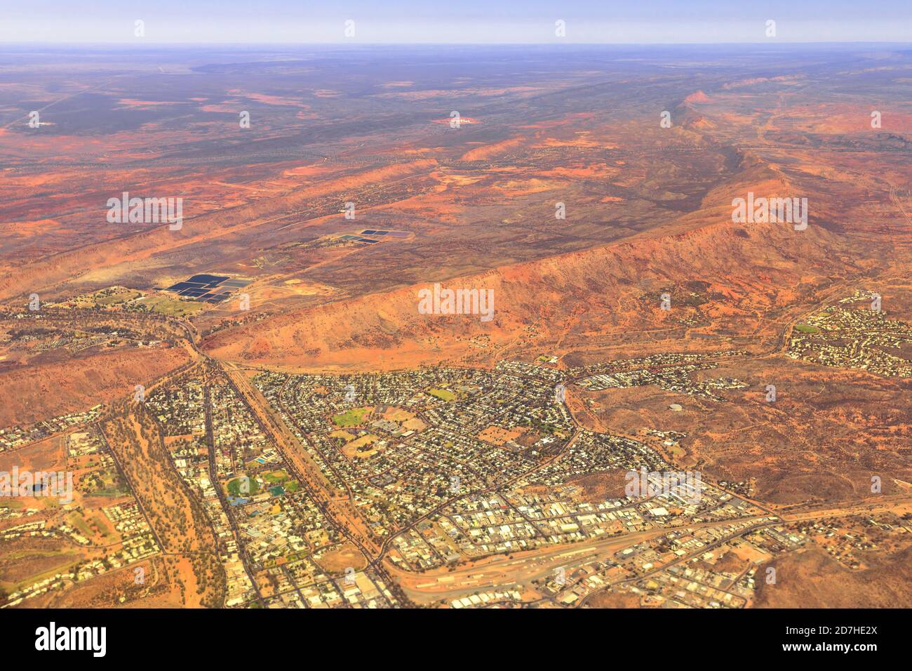 Aerial view of Alice Springs city of Red Centre desert with Macdonnell