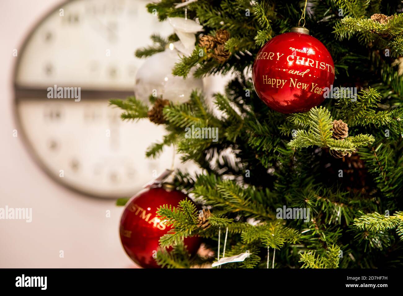 Closeup of a red Christmas ball hanging on a Christmas tree branch ...