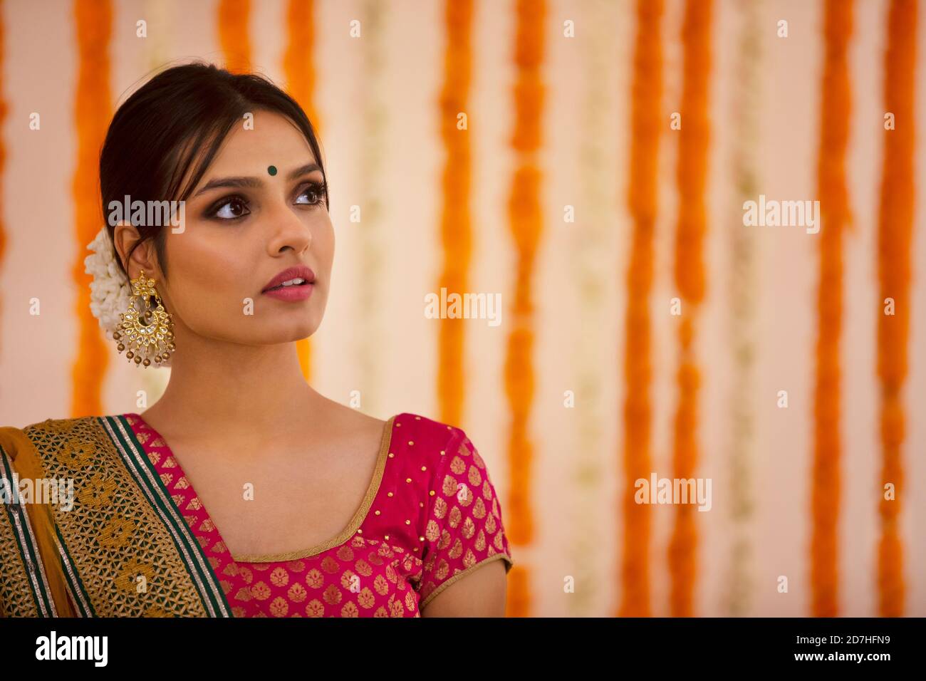 beautiful woman in a saree looking in daze Stock Photo