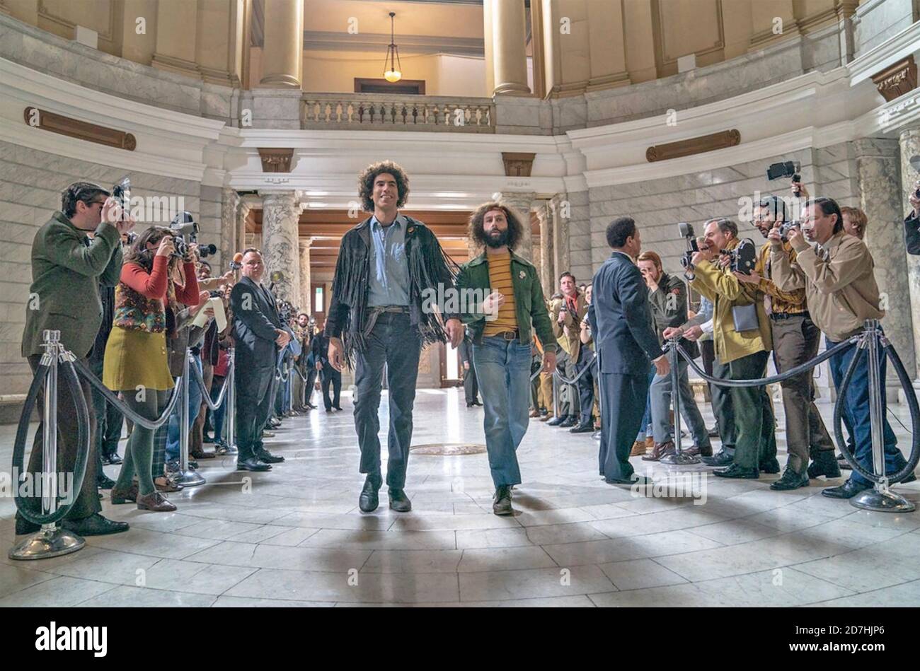 THE TRIAL OF THE CHICAGO 7    2020 Netflix film with Sacha Baron Cohen at left and Jeremy Strong Stock Photo