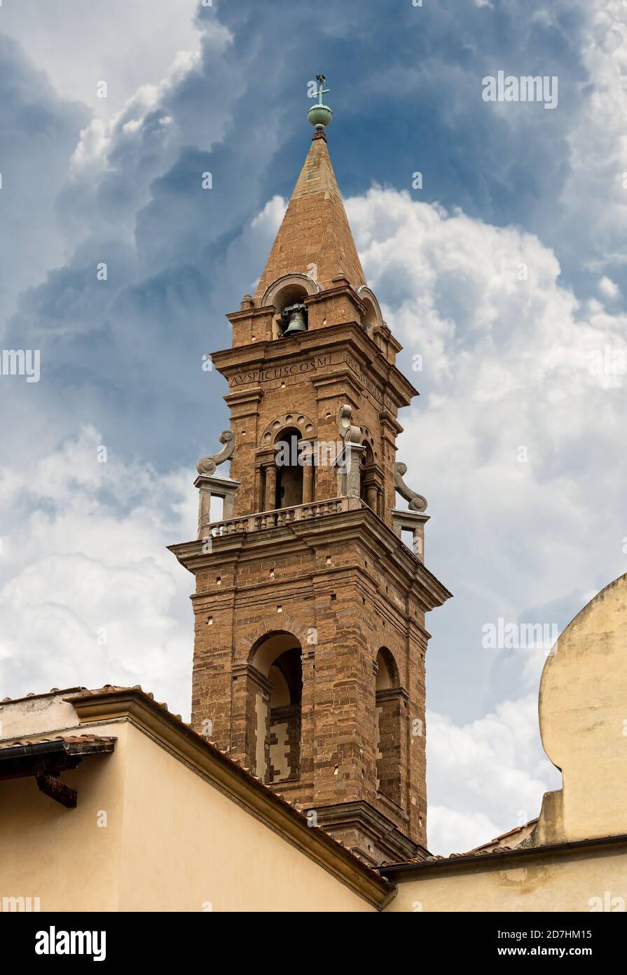 Basilica di Santo Spirito (Holy Spirit, 1444-1487) in Florence downtown, Tuscany, Italy, Europe. Close-up of the bell tower (1503-1570). Stock Photo