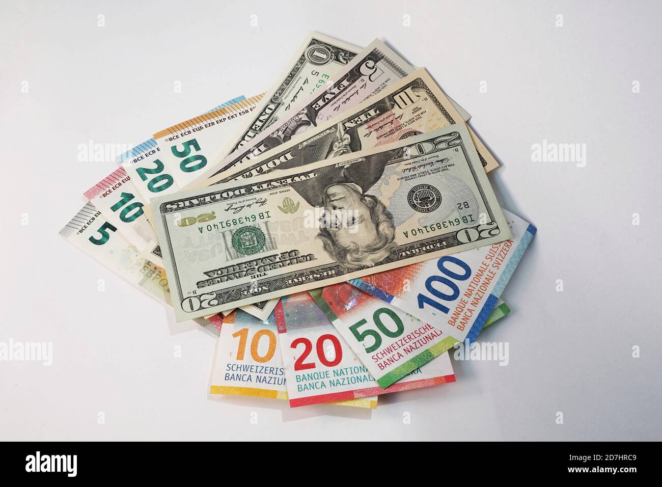 Geld aus der Schweiz, Europa und den USA - Money from Switzerland, EU and USA - CHF, EURO, USD, Swiss Francs, EURO and US Dollars Stock Photo