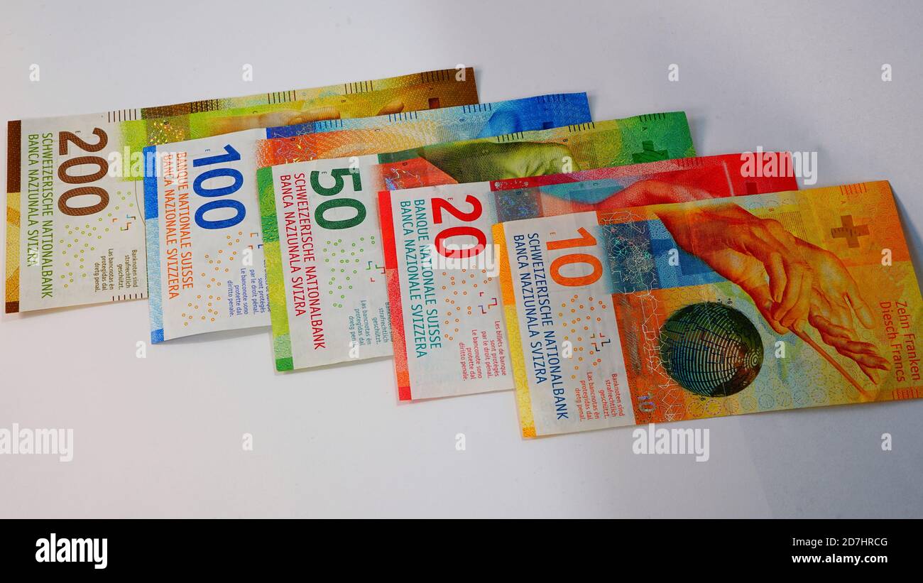 Geld aus der Schweiz, Schweizer Franken, Noten der Schweizer Nationalbank, CHF, Swiss money currency of Switzerland Swiss Francs, Serie 9, 2020 Stock Photo