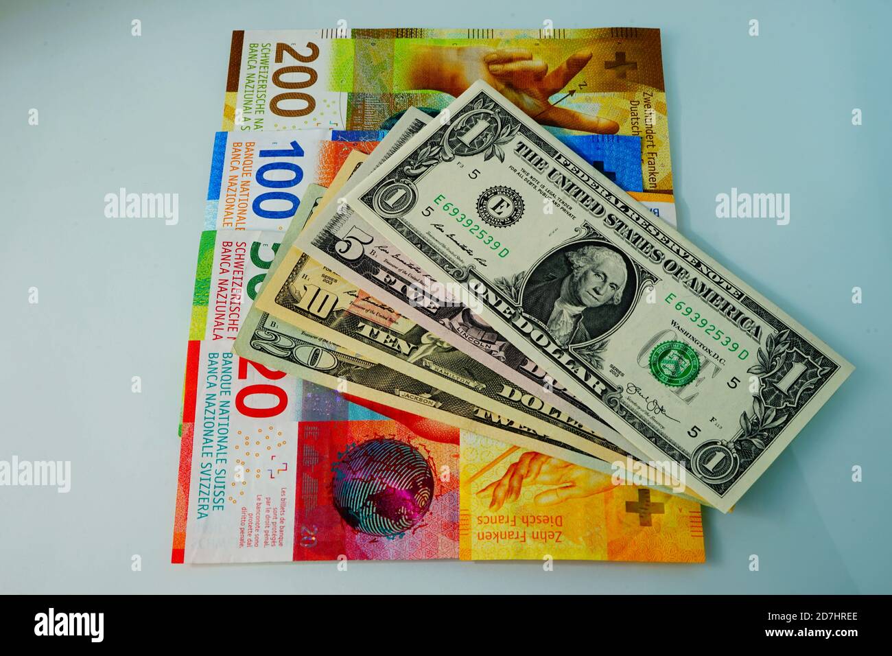 Geld - verschiedene Währungen - Geld aus den USA, und der Schweiz. Money - Different currency - money from USA and Switzerland - USD, CHF, SwissFrancs Stock Photo