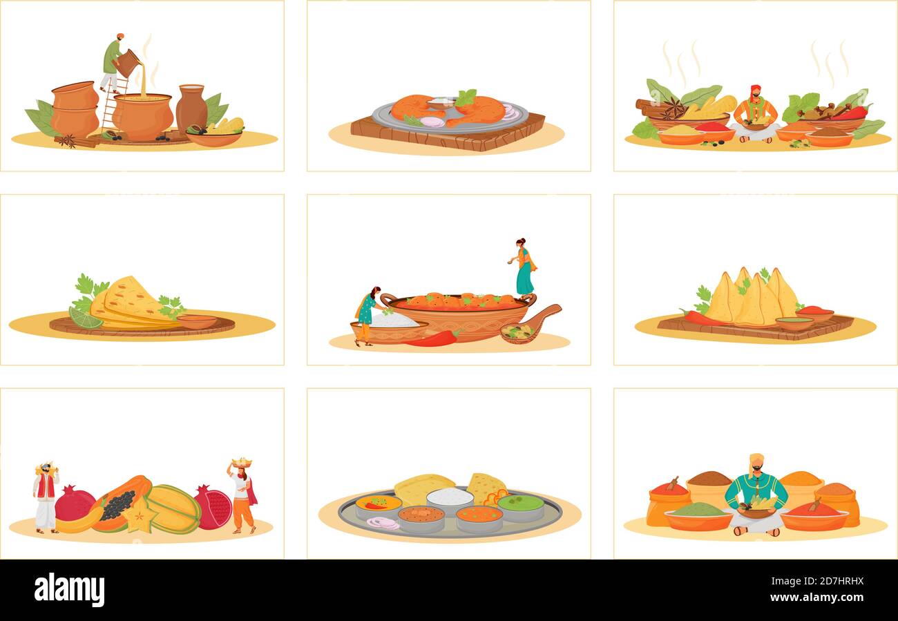 Indian traditional meals flat concept vector illustrations set Stock Vector