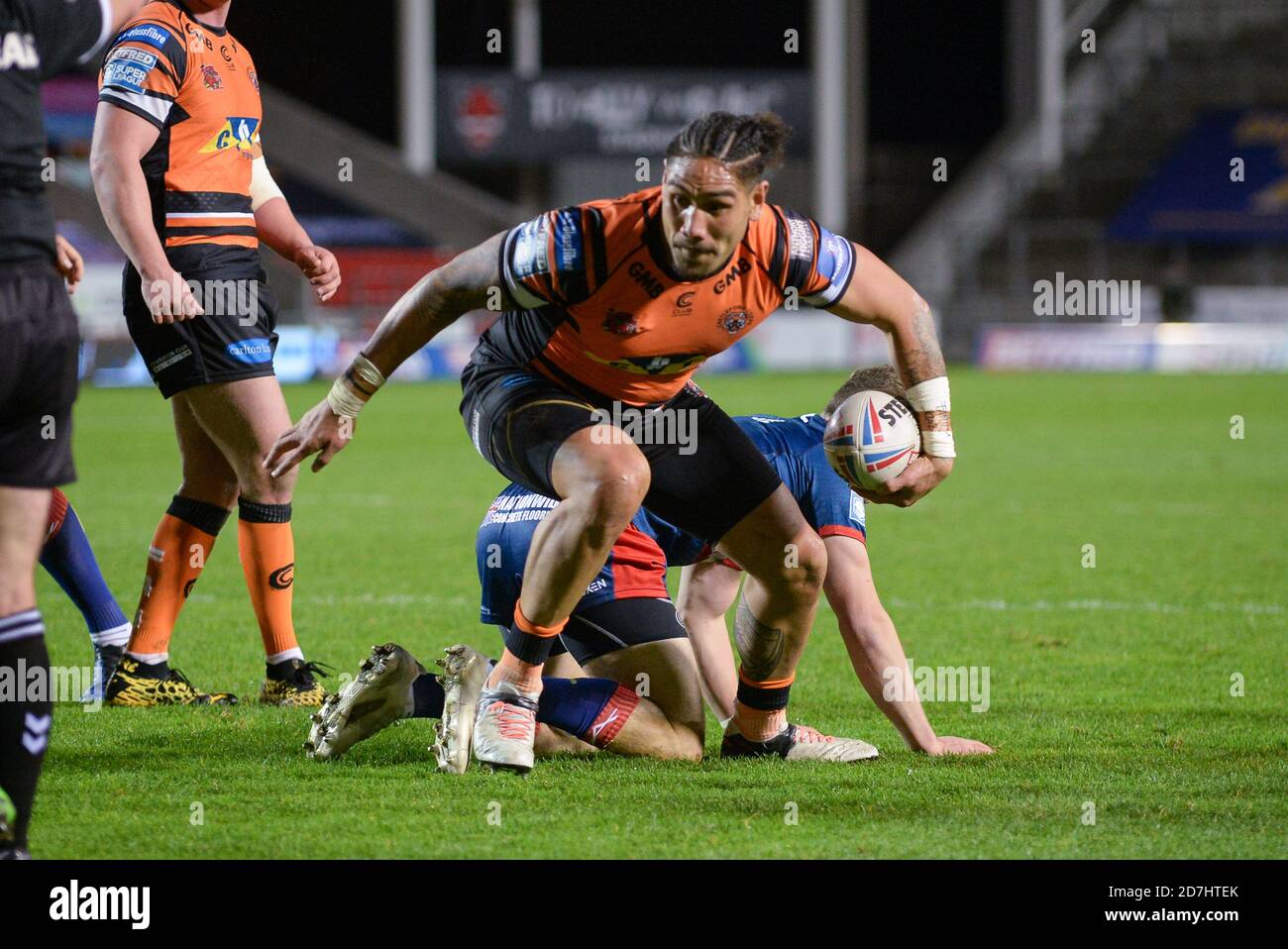 Castleford's Jesse Sene-Lefao picks up a loose ball and goes for the line before the referee blows for a knock on  during the Betfred Super League mat Stock Photo