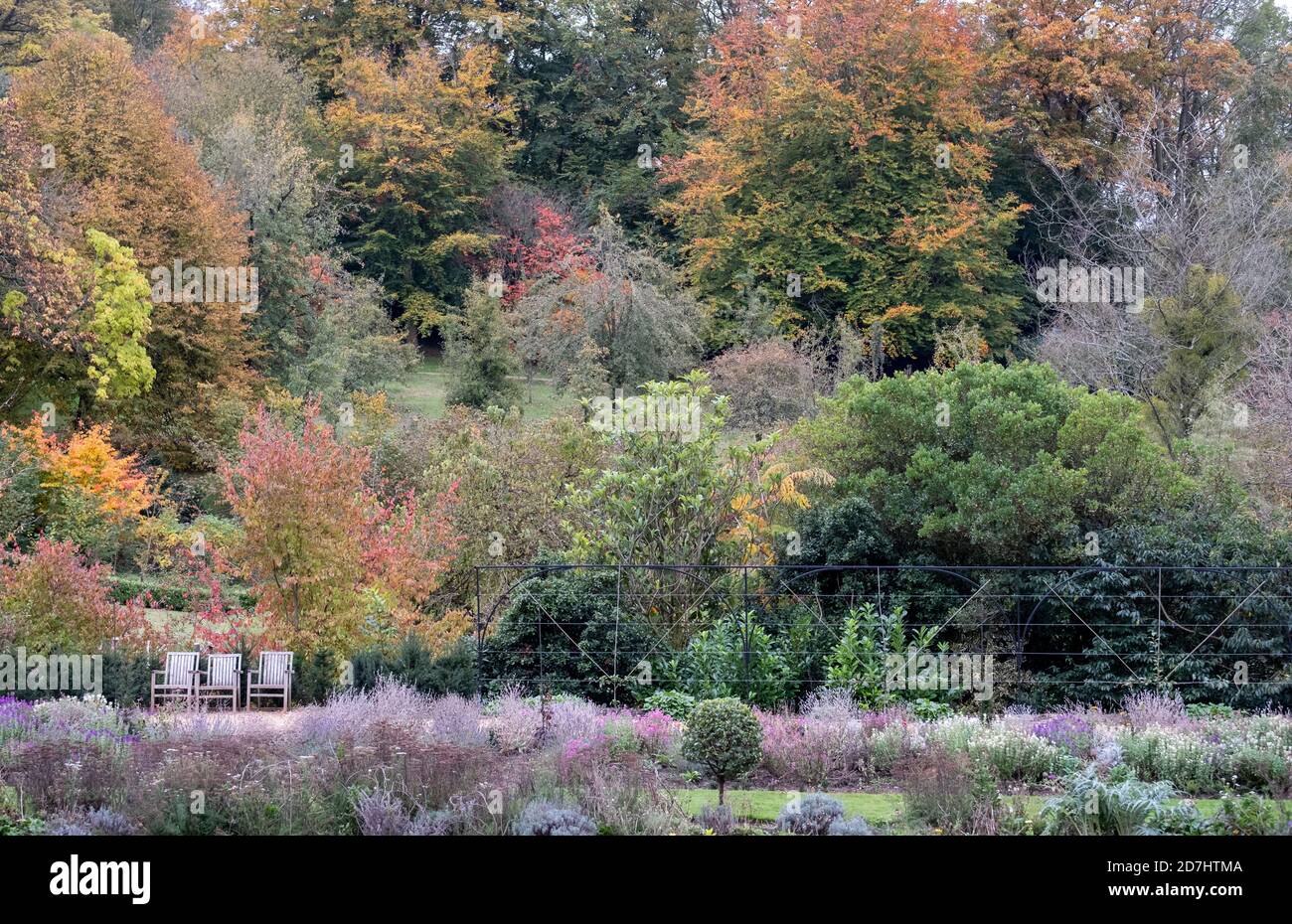 Formal Gardens at Dyrham Park, Gloucestershire. Three wooden garden