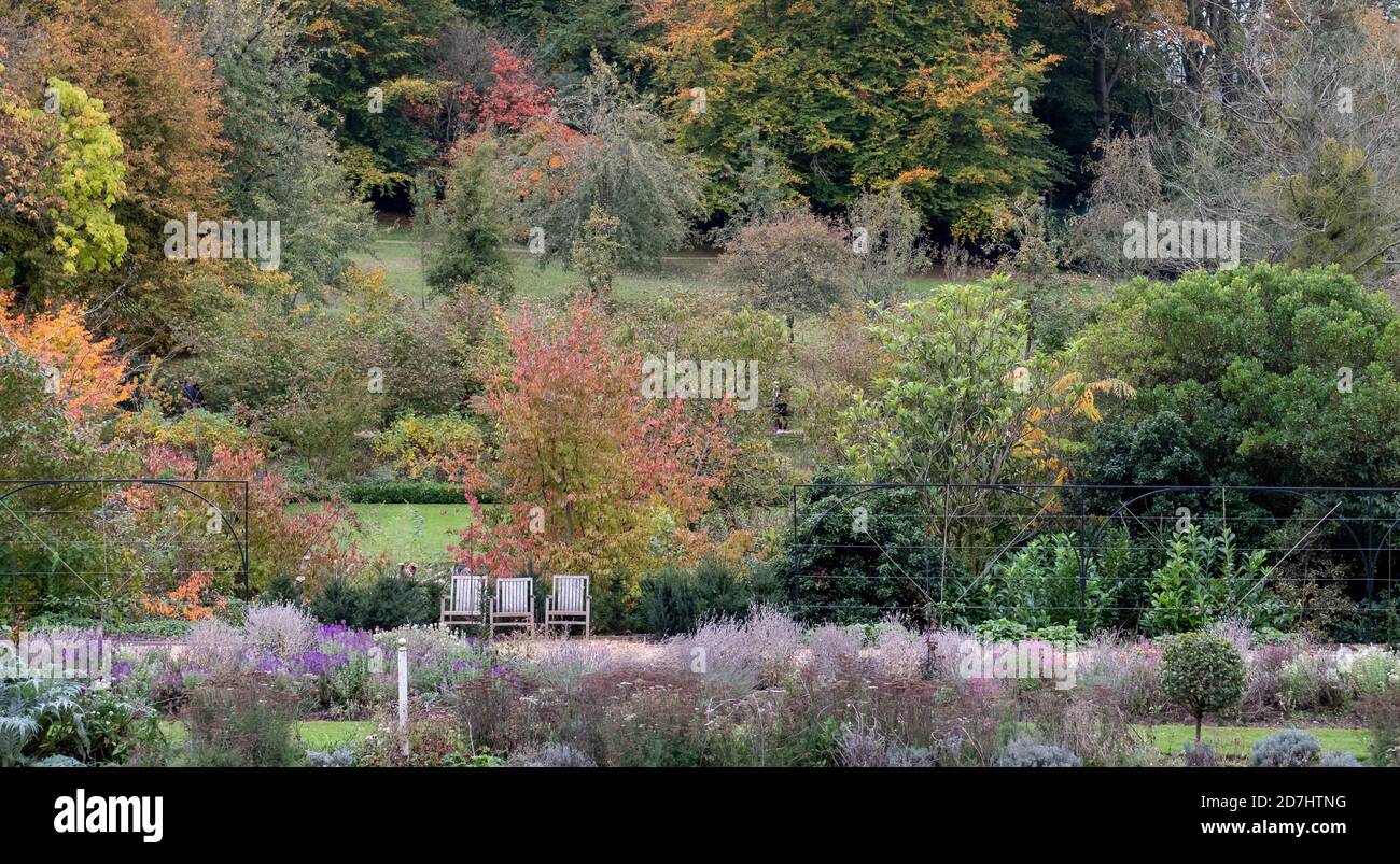Formal Gardens at Dyrham Park, Gloucestershire. Three wooden garden