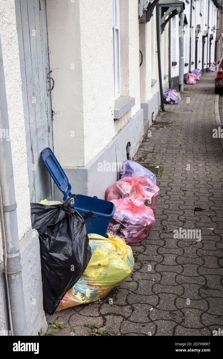 Doorstep rubbish and recycling collection with waste in separate plastic bags, Abergavenny, Wales, UK Stock Photo