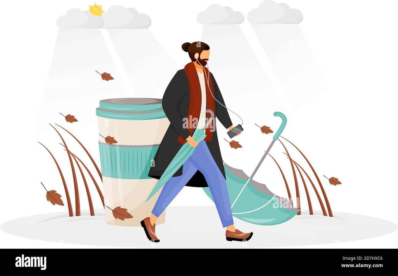Man in coat go for walk flat concept vector illustration Stock Vector