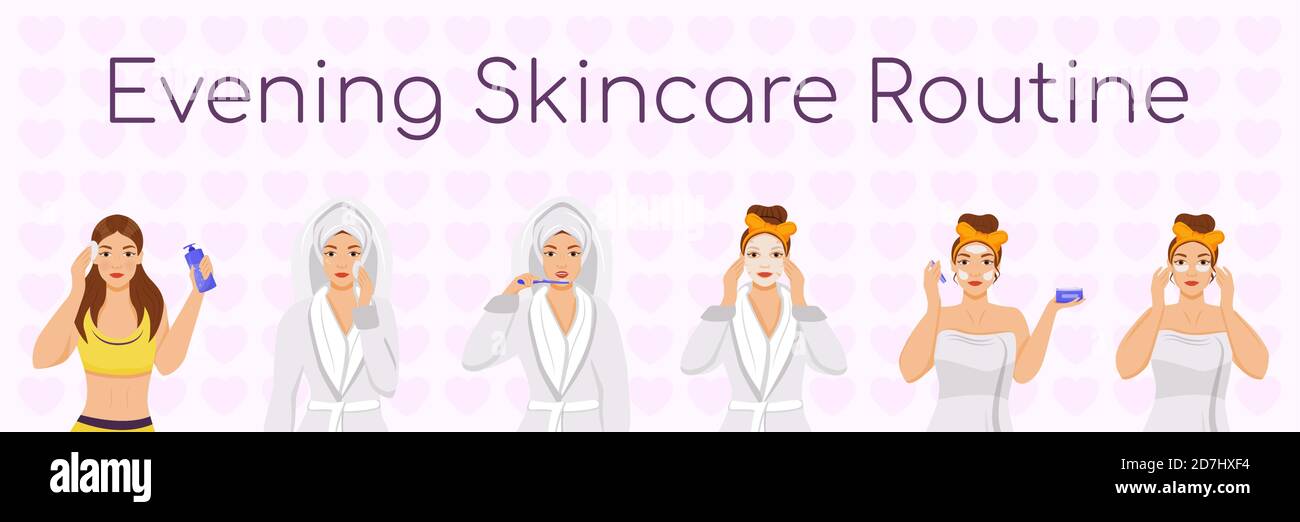 Evening skincare routine flat color vector characters set Stock Vector ...