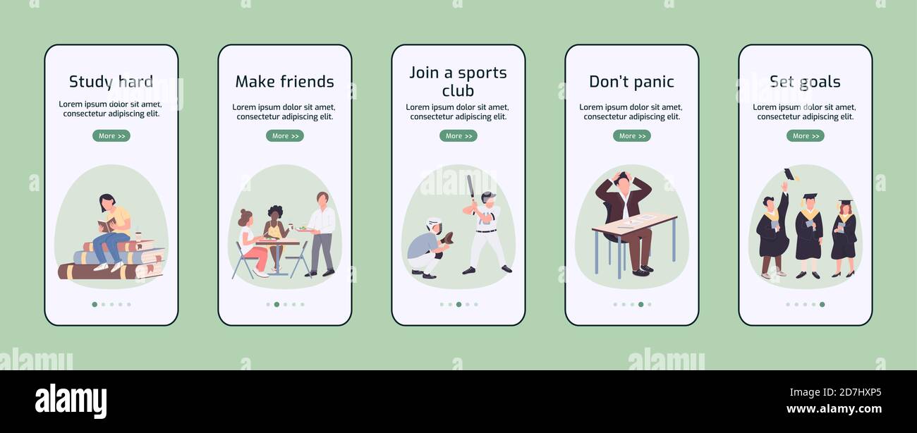 Student experience onboarding mobile app screen flat vector template ...