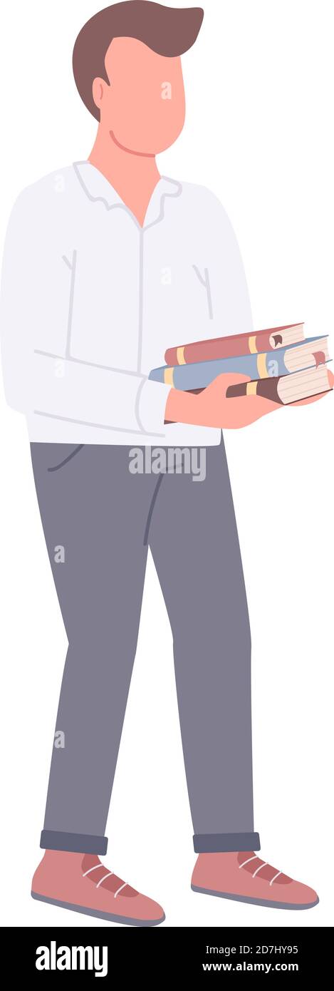 Guy holding books flat color vector faceless character Stock Vector