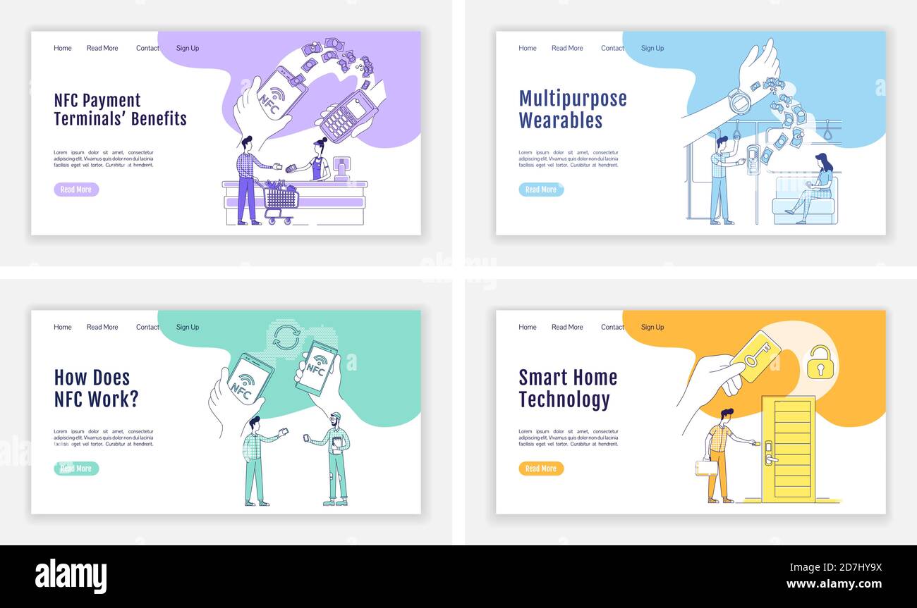 NFC tech landing page flat silhouette vector templates set Stock Vector
