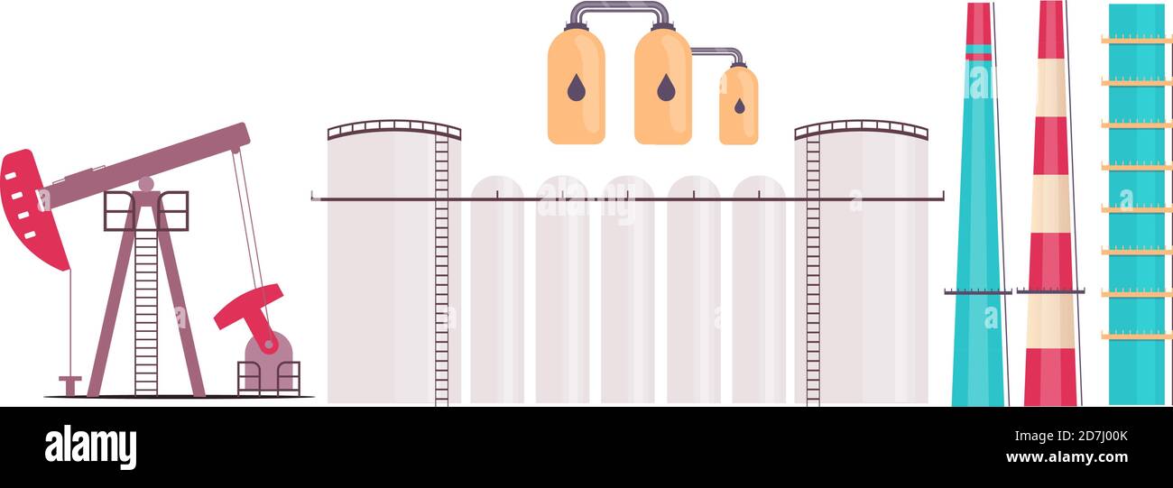 Refinery plant flat color vector objects set Stock Vector