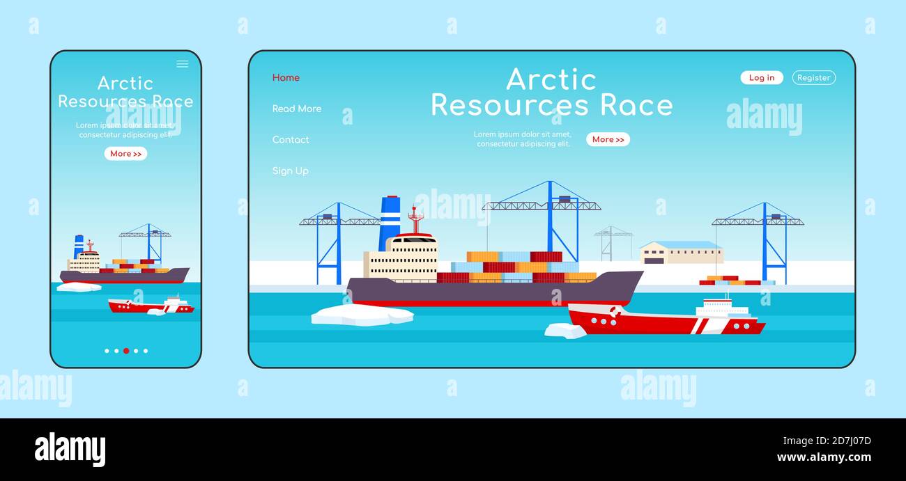 Arctic resources race adaptive landing page flat color vector template Stock Vector