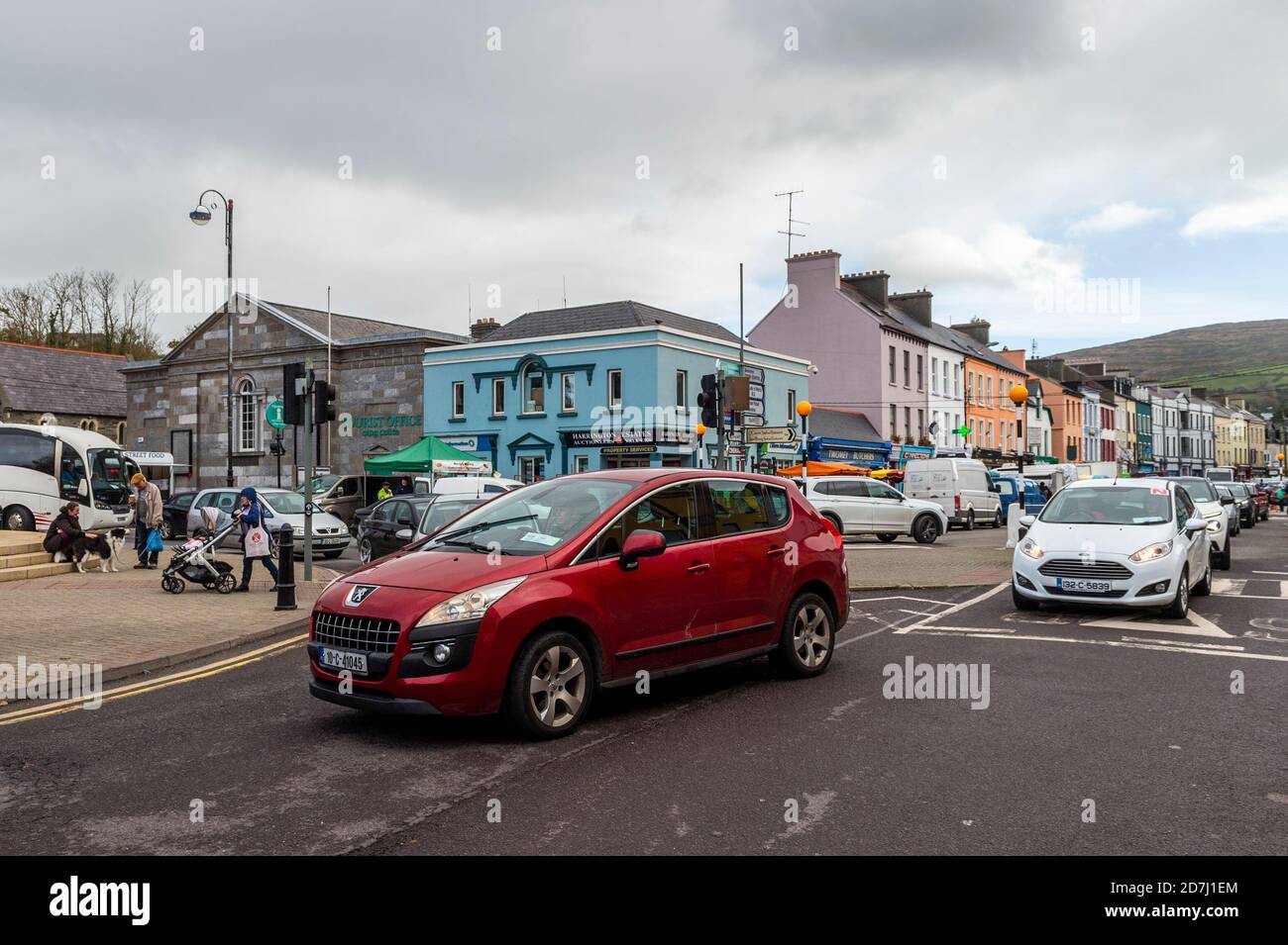 Bantry, West Cork, Ireland. 23rd Oct, 2020. Bantry Friday Market is operating today and is quieter than usual. However, traffic in and around Bantry was backed up with long lines of cars. Credit: AG News/Alamy Live News Stock Photo