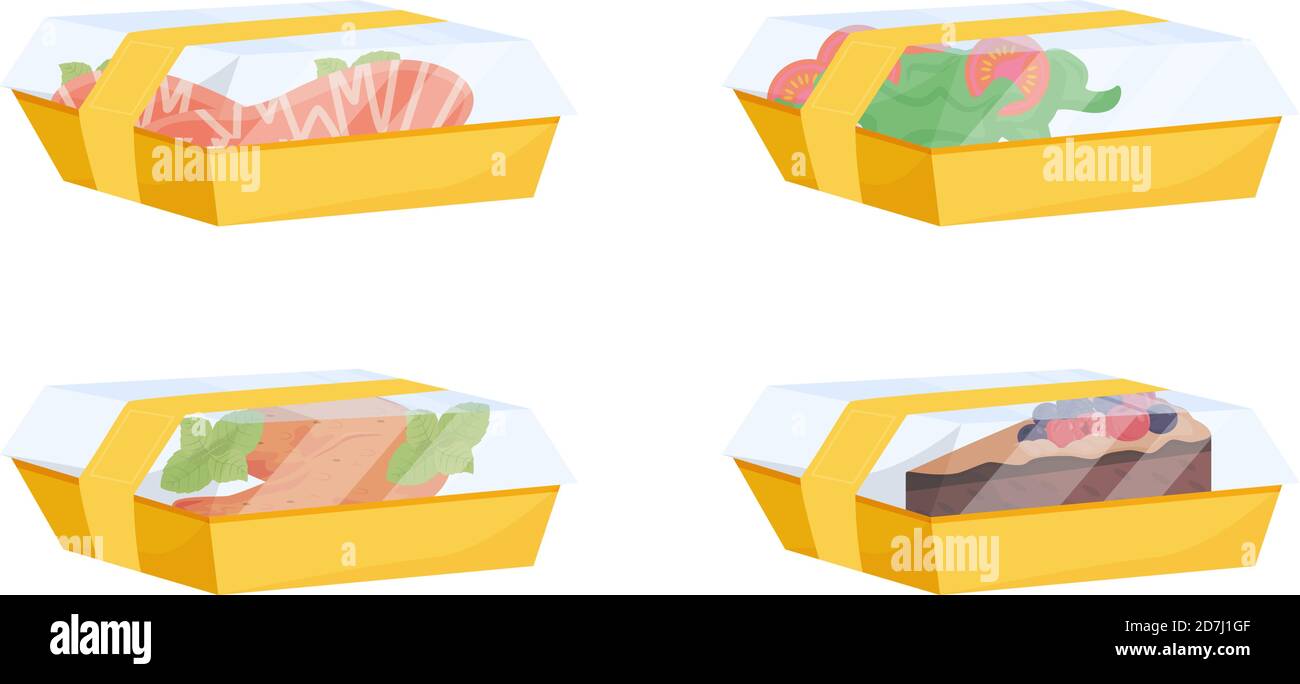 Food delivery, readytoeat meals in lunch boxes flat color vector