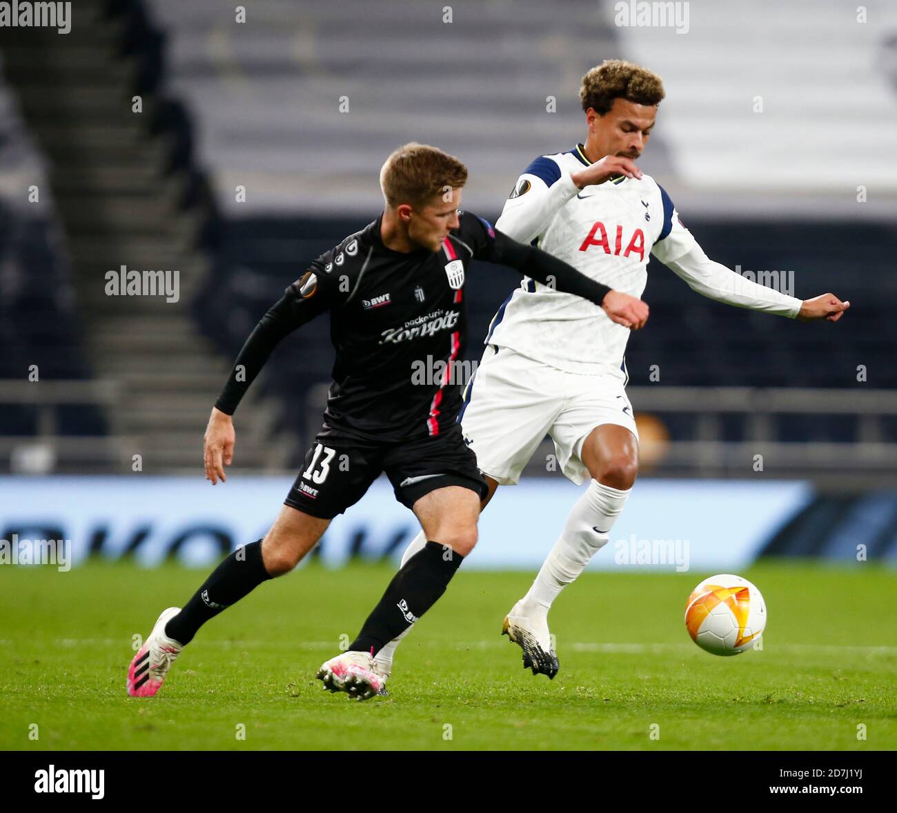 London, England -OCTOBER 22:Tottenham Hotspur's Dele Alli holds of Johannes Eggestein  of Lask  during Europe League Group J between Tottenham Hotspur Stock Photo