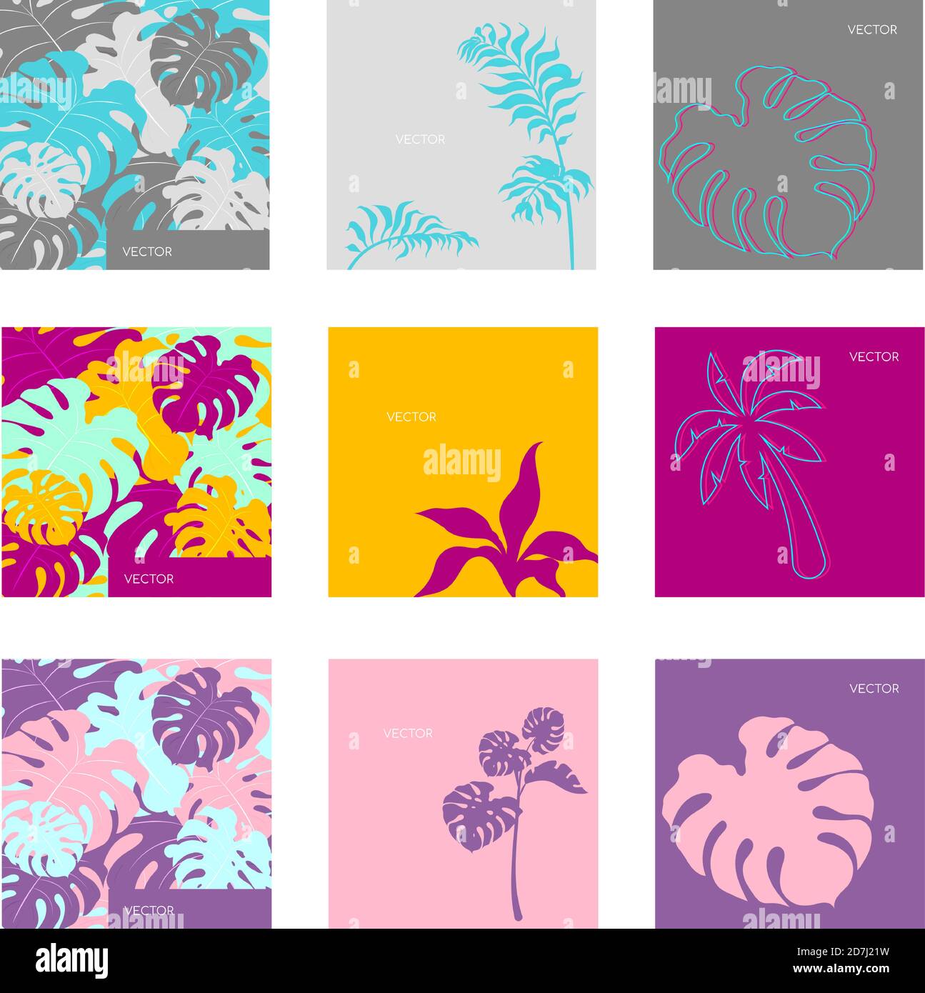 Jungle vegitation flat color vector backgrounds set Stock Vector