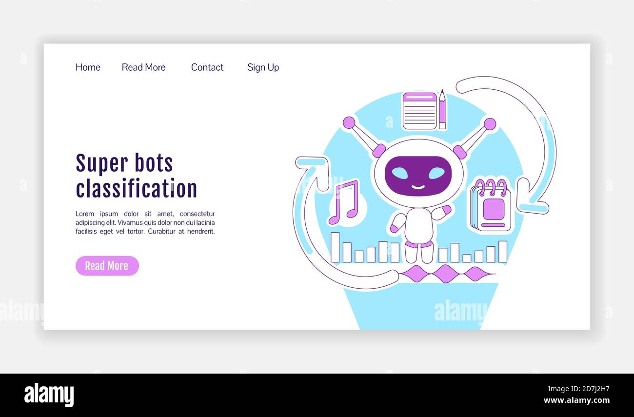 Super bots classification landing page flat silhouette vector template Stock Vector