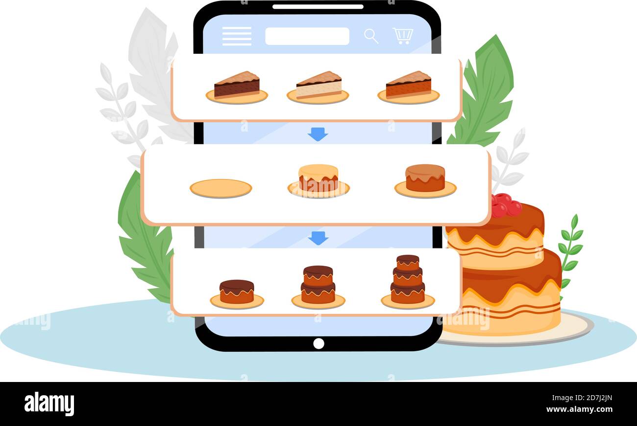 Online cakes order mobile application flat concept vector illustration