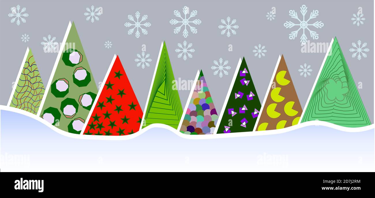 Abstract colored triangular New Year and Christmas trees in a snowdrift Stock Vector