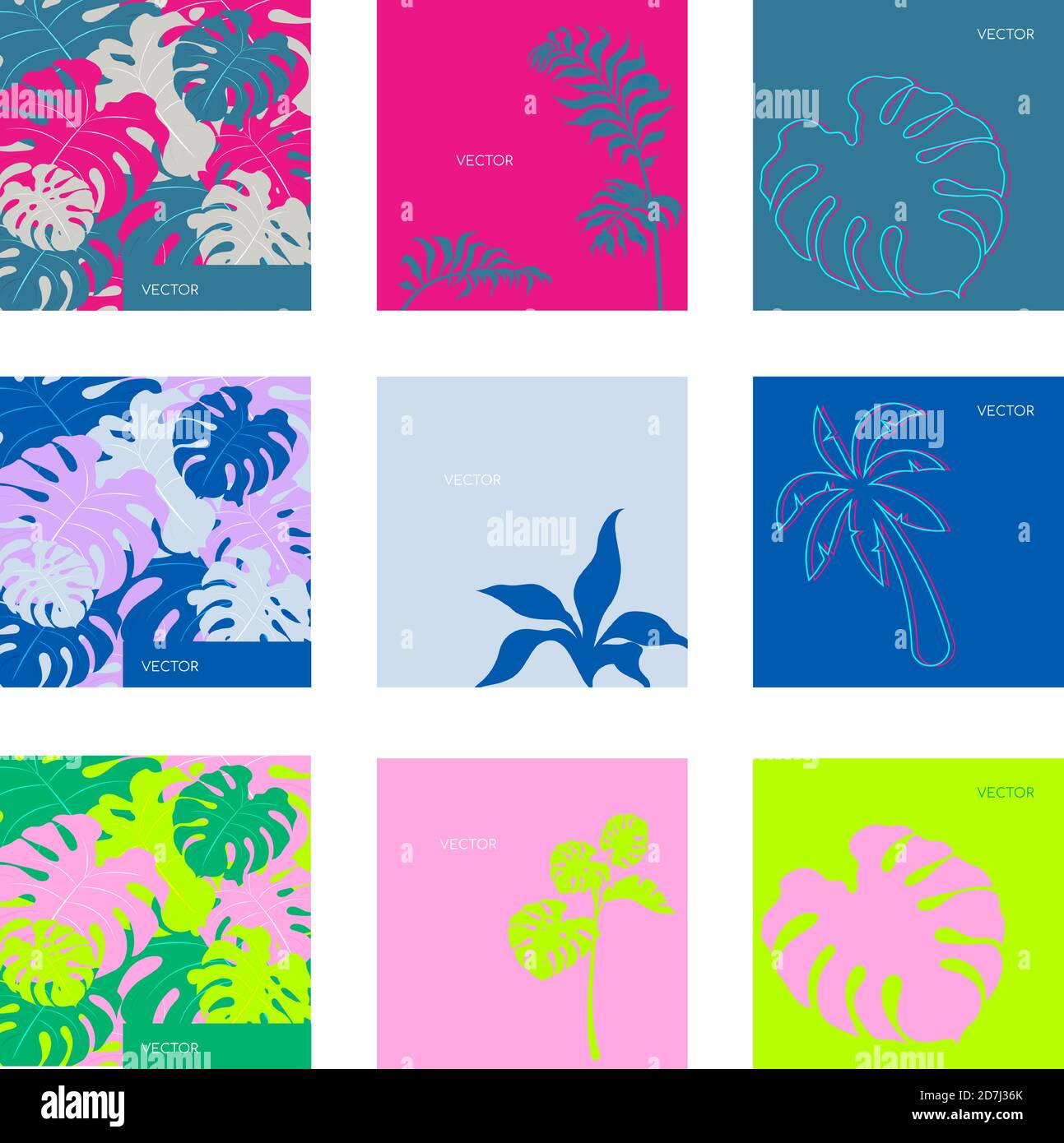 Jungle vegitation flat color vector backgrounds set Stock Vector